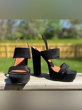 eva mendes for New York & Company Black Suede Platform Block Heel Sandals